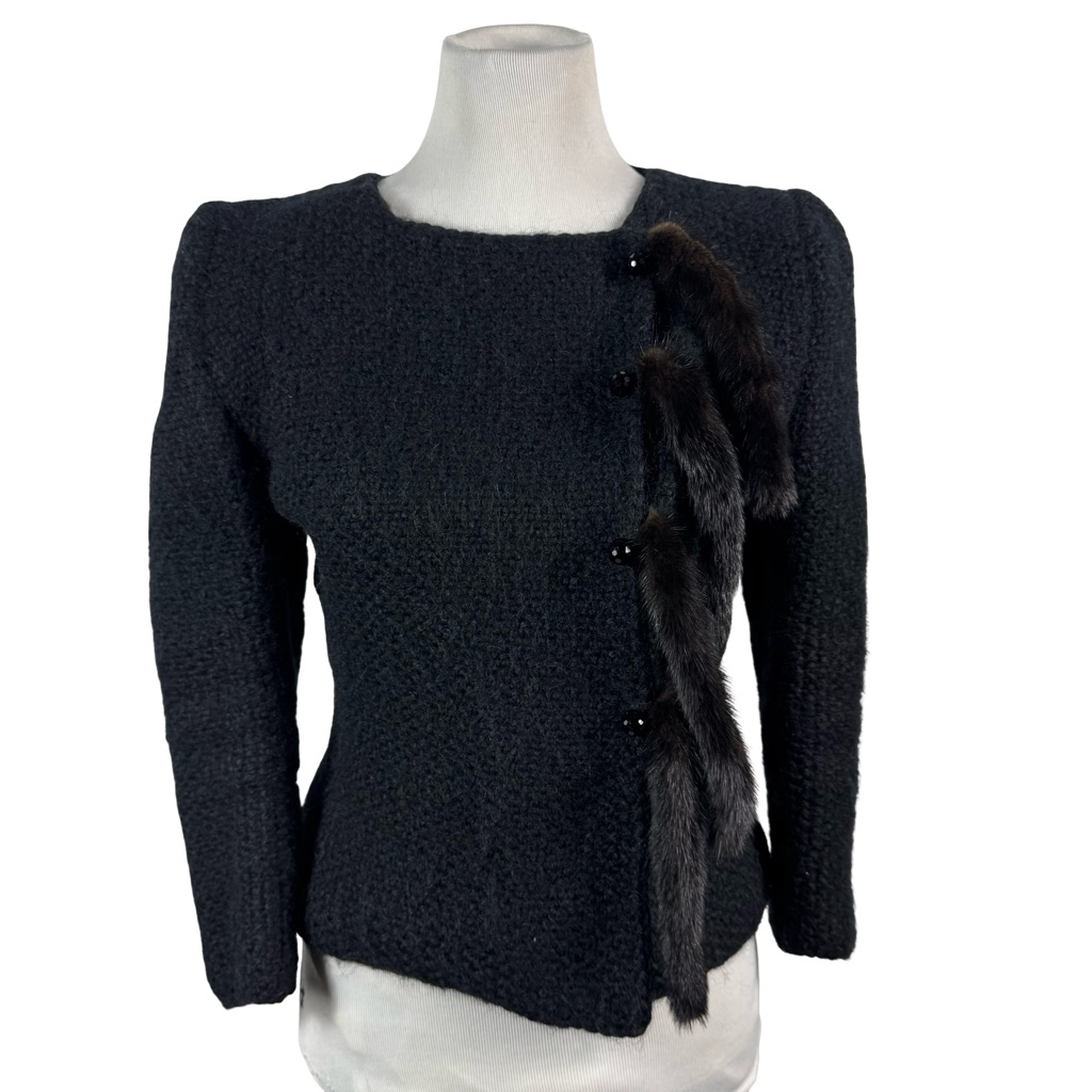 Vintage Susu New York Black Textured Wool Jacket Mink Fur Tails Women's Size S
